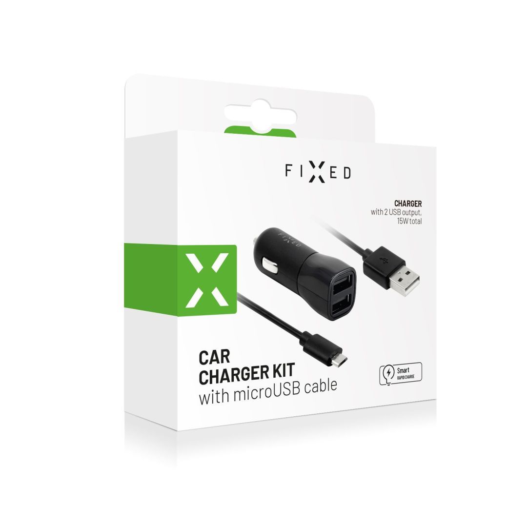 FIXED USB autós töltő, 2*USB-A kimenet, 15W + USB/mikro USB kábel, fekete