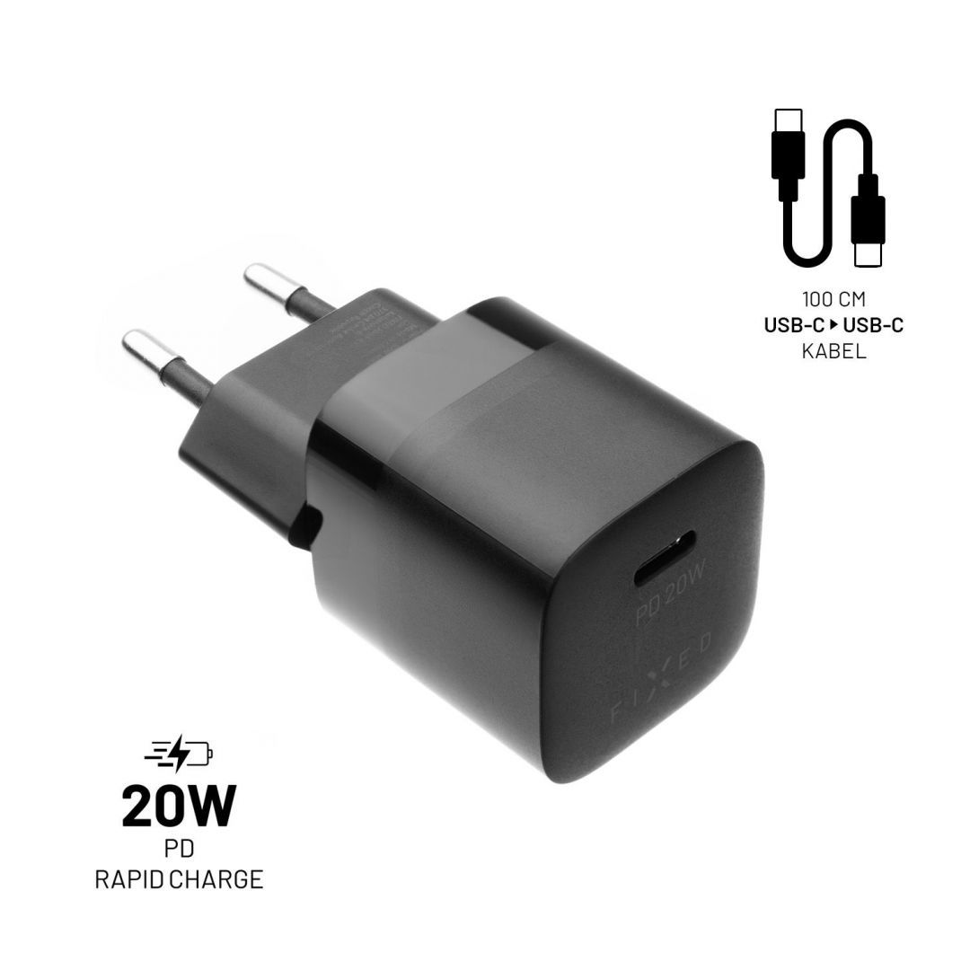 FIXED Mini USB-C Travel Charger 20W + USB-C/USB-C Cable, Fekete FIXED Mini USB-C Travel Charger 20W + USB-C/USB-C Cable, Fekete