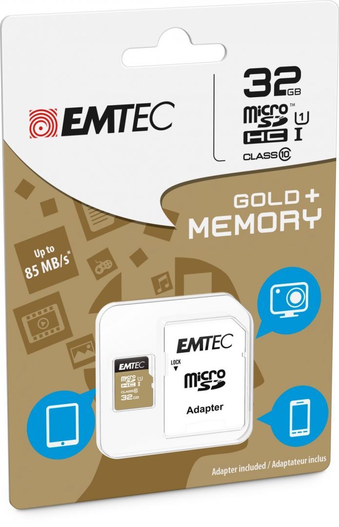 Emtec 32GB microSDHC Elite Gold Class 10 UHS-I U1 + adapterrel Emtec 32GB microSDHC Elite Gold Class 10 UHS-I U1 + adapterrel