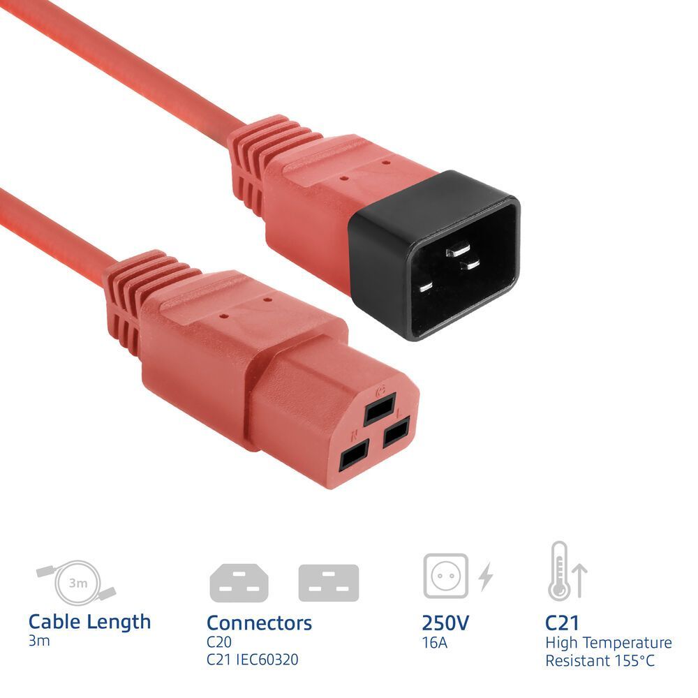 ACT Powercord C20 male - C21 famale 3m Red ACT Powercord C20 male - C21 famale 3m Red