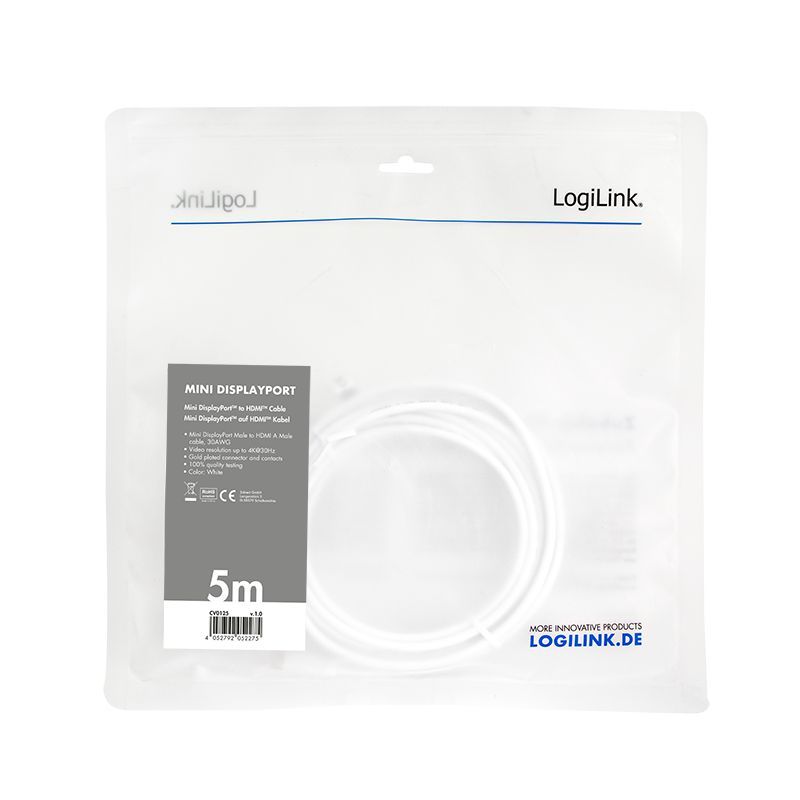 Logilink DisplayPort mDP/M to HDMI-A/M 4K/30 Hz cable 5m White Logilink DisplayPort mDP/M to HDMI-A/M 4K/30 Hz cable 5m White