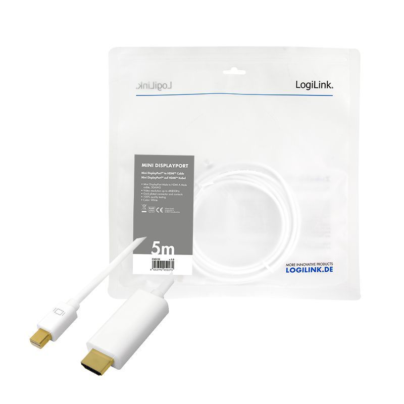 Logilink DisplayPort mDP/M to HDMI-A/M 4K/30 Hz cable 5m White Logilink DisplayPort mDP/M to HDMI-A/M 4K/30 Hz cable 5m White