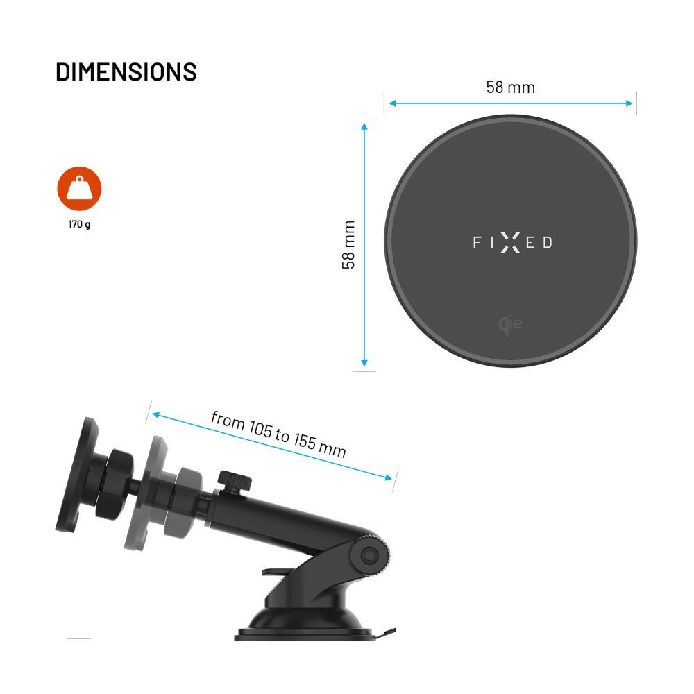 FIXED MagRound 2 XL Qi2 autós tartó wireless töltővel, fekete