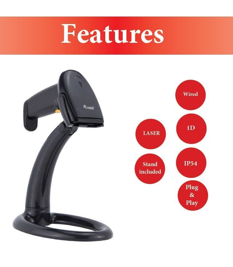 EQuip USB 1D Laser Barcode Scanner with Stand Vonalkódolvasó Black