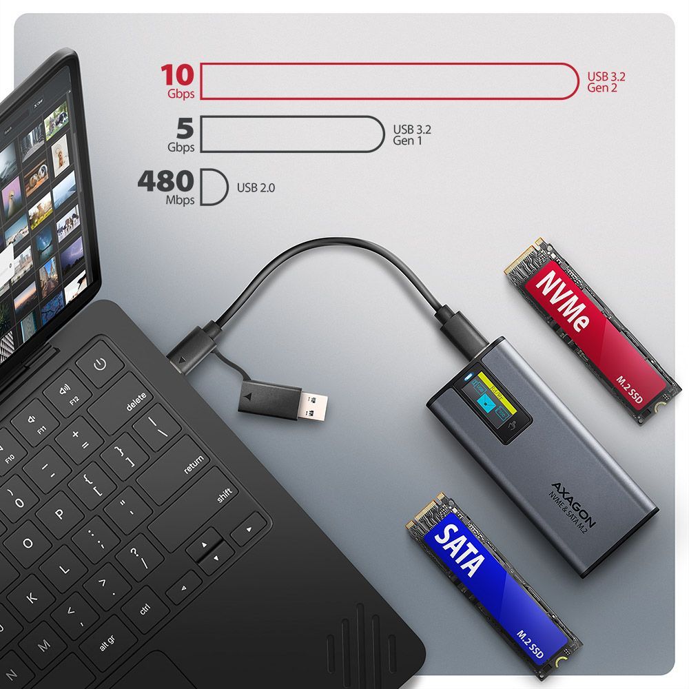 AXAGON EEM2-SD2 USB-C 10Gbps – M.2 NVMe & SATA SSD Display Box AXAGON EEM2-SD2 USB-C 10Gbps – M.2 NVMe & SATA SSD Display Box