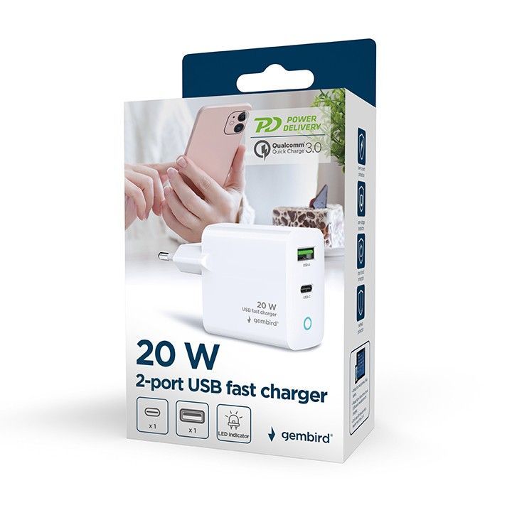 Gembird 2-Port 20W USB Fast Charger White Gembird 2-Port 20W USB Fast Charger White