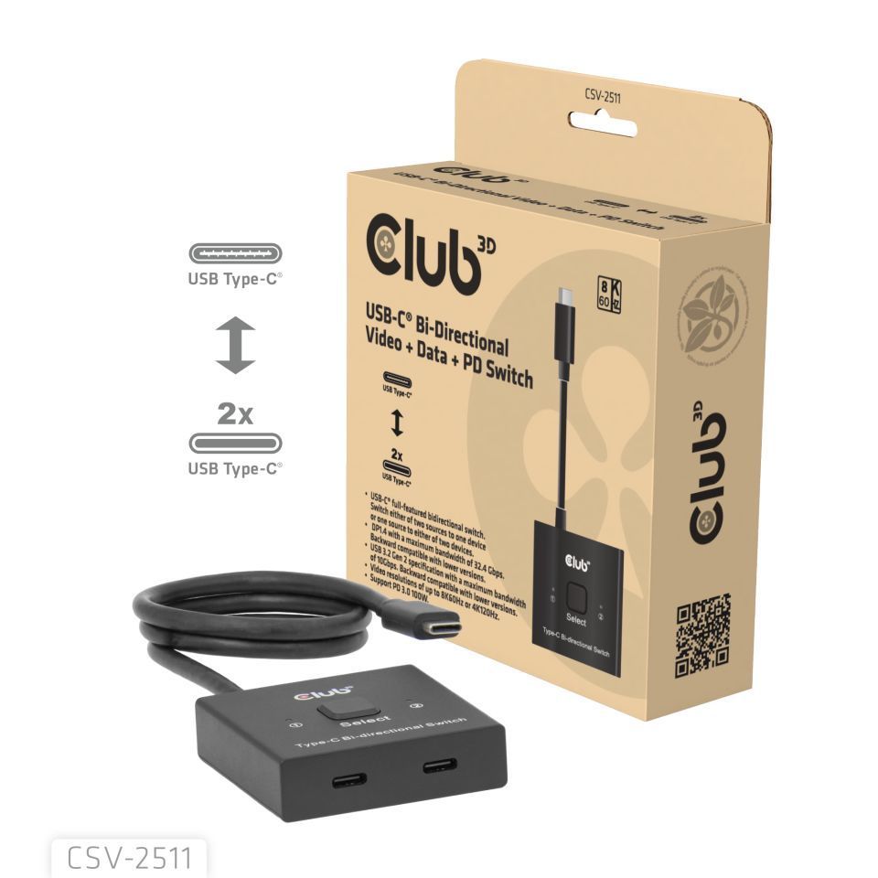 Club3D USB-C Bi-Directional Video + Data + PD Switch Club3D USB-C Bi-Directional Video + Data + PD Switch