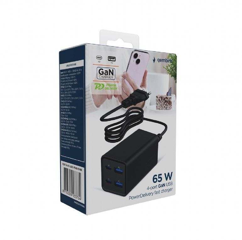 Gembird 4-port 65 W GaN USB PowerDelivery fast charger Black Gembird 4-port 65 W GaN USB PowerDelivery fast charger Black