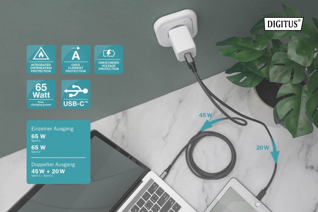 Digitus DA-10063 USB-C Charger 2-port, 65W GaN White Digitus DA-10063 USB-C Charger 2-port, 65W GaN White