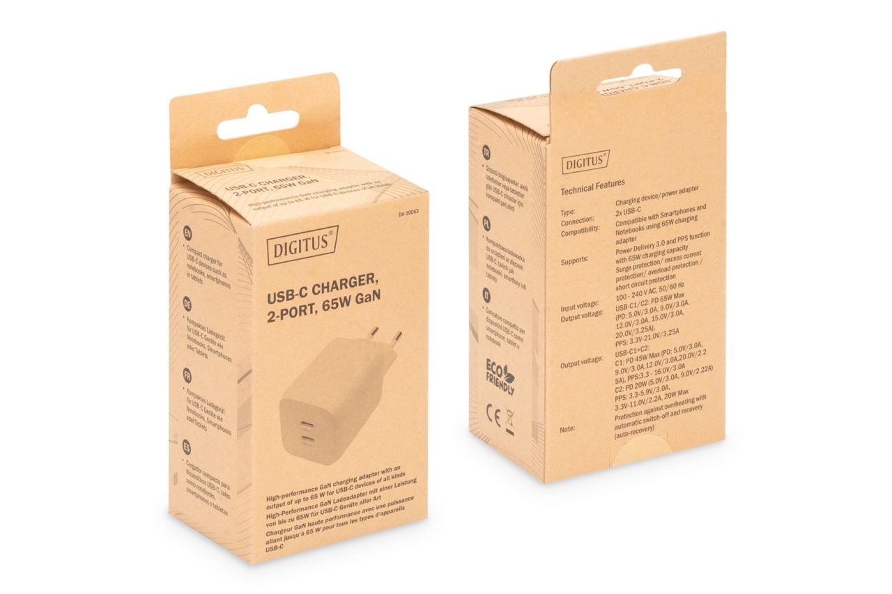 Digitus DA-10063 USB-C Charger 2-port, 65W GaN White Digitus DA-10063 USB-C Charger 2-port, 65W GaN White