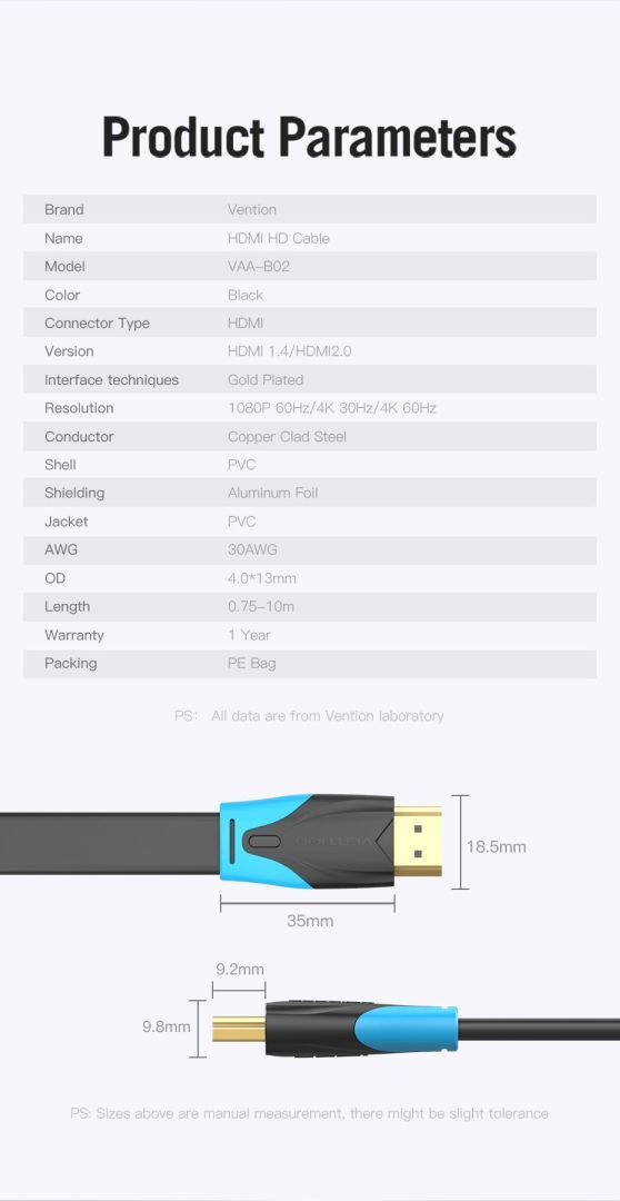 Vention Vention Flat HDMI cable 5m Black Vention Vention Flat HDMI cable 5m Black