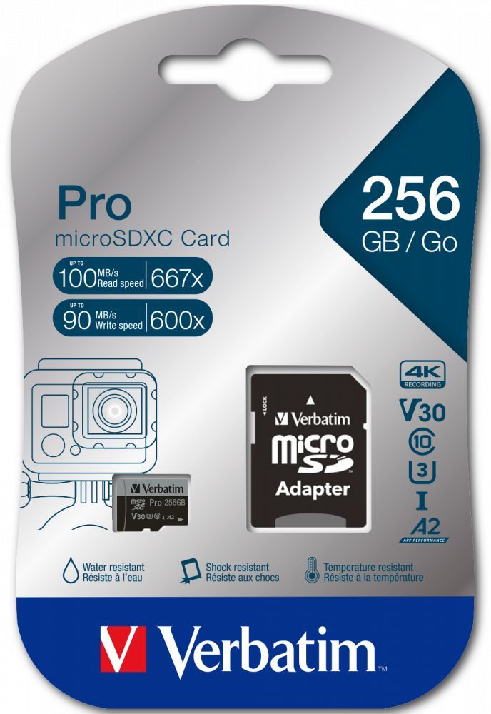 Verbatim 256GB microSDXC Pro Class 10 U3 V30 A2 + adapterrel Verbatim 256GB microSDXC Pro Class 10 U3 V30 A2 + adapterrel