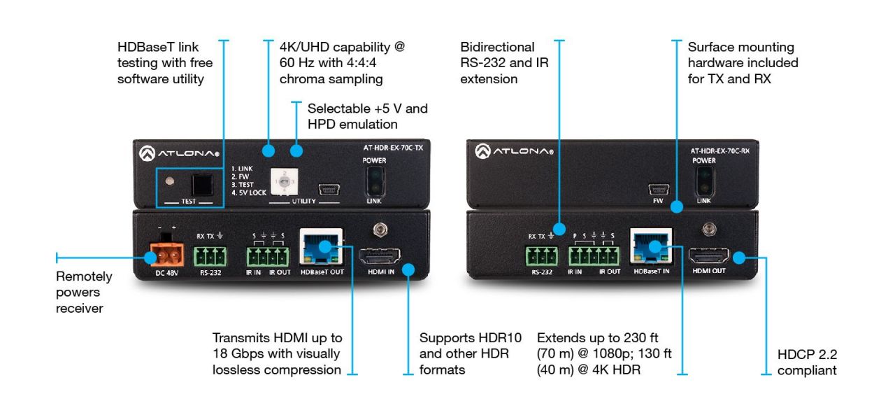 ATLONA AT-HDR-EX-70C-KIT 4K HDR HDMI Over HDBaseT TX/RX with Control and PoE ATLONA AT-HDR-EX-70C-KIT 4K HDR HDMI Over HDBaseT TX/RX with Control and PoE