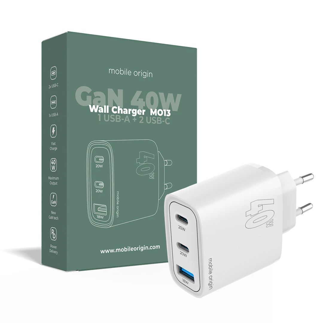Mobile Origin GaN 40W Wall Charger MO13, 1 USB-A + 2 USB-C