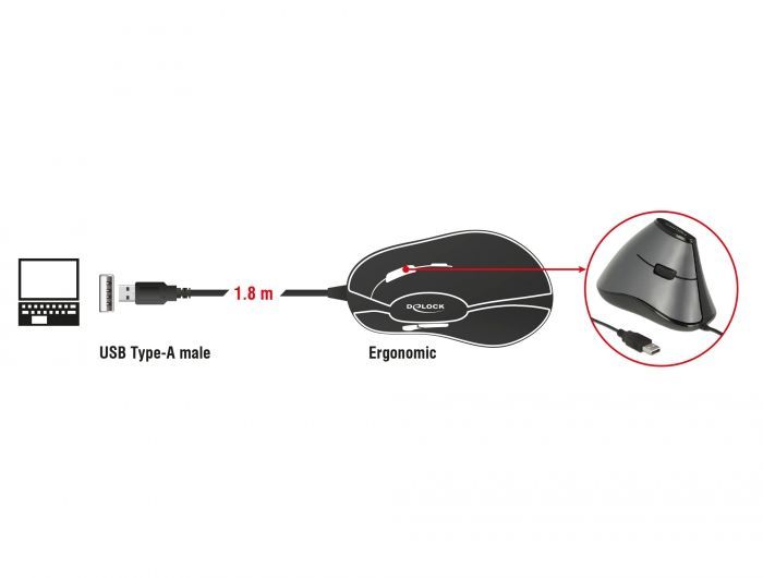 DeLock Ergonomic vertical optical 5-button USB mouse Grey/Black DeLock Ergonomic vertical optical 5-button USB mouse Grey/Black