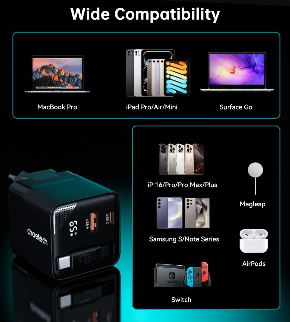 Choetech PD6091 65W GaN Charger with Telescopic Module EU Black Choetech PD6091 65W GaN Charger with Telescopic Module EU Black