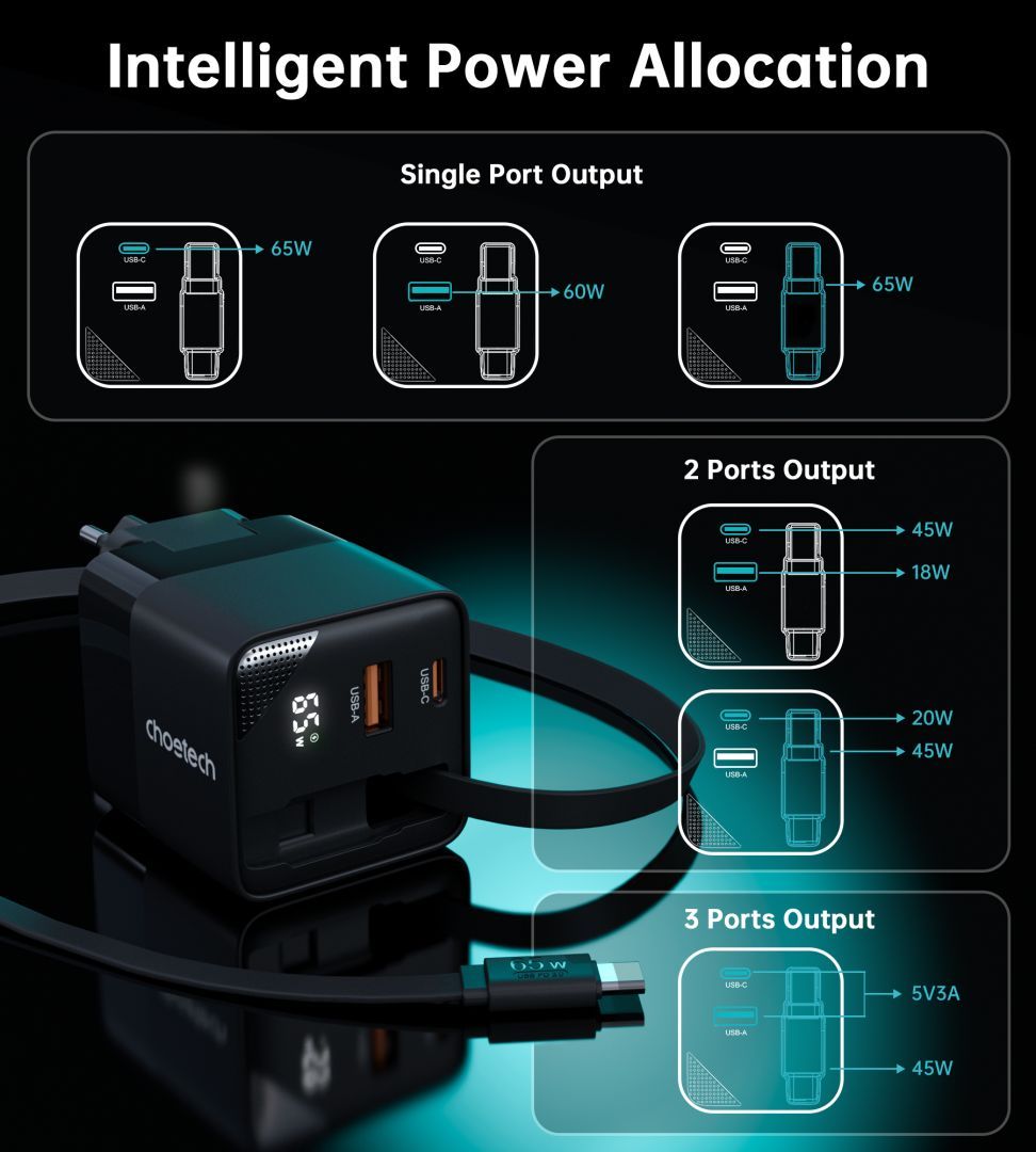 Choetech PD6091 65W GaN Charger with Telescopic Module EU Black Choetech PD6091 65W GaN Charger with Telescopic Module EU Black