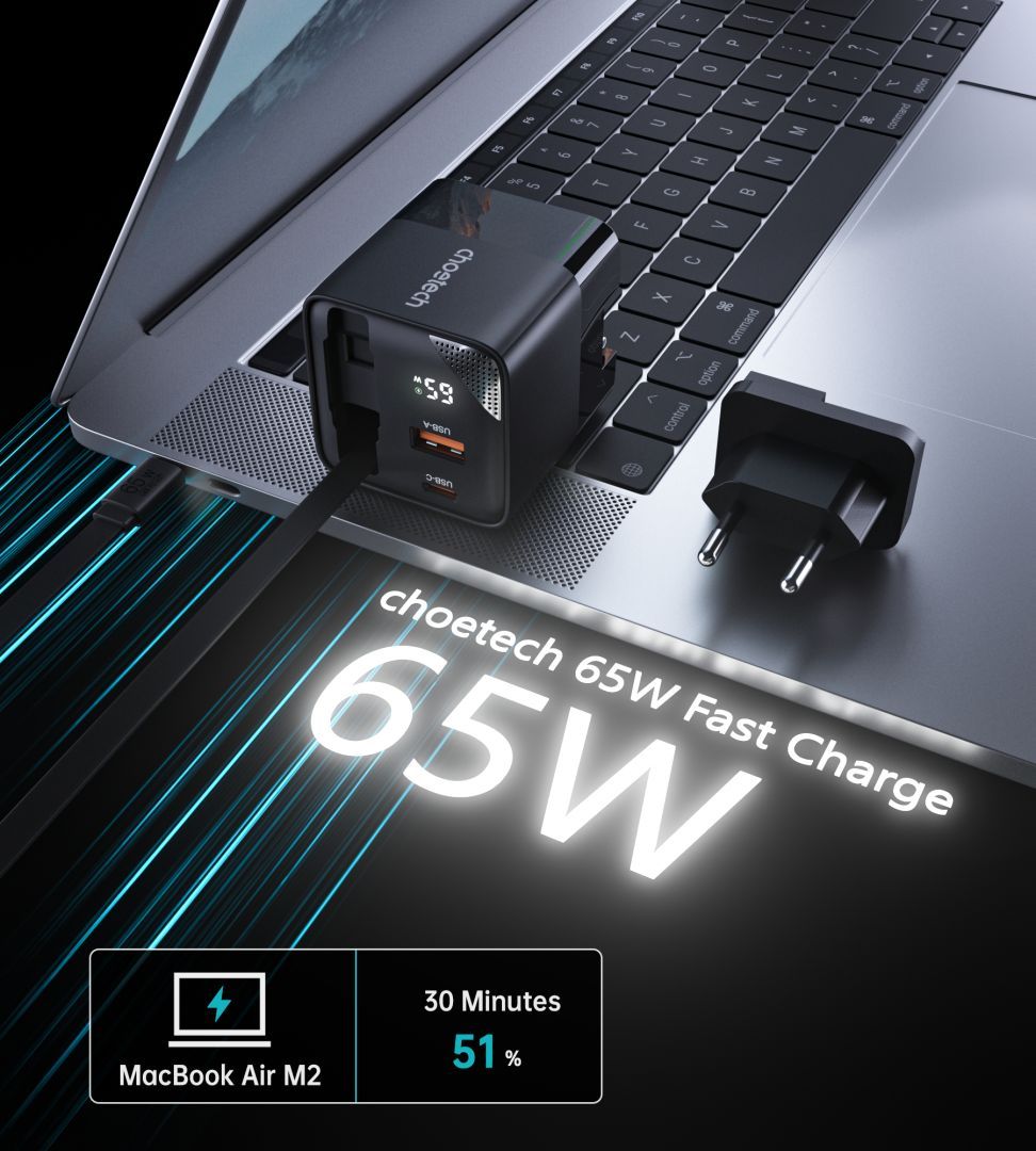 Choetech PD6091 65W GaN Charger with Telescopic Module EU Black Choetech PD6091 65W GaN Charger with Telescopic Module EU Black