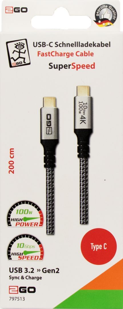 2GO SuperSpeed USB-C FastCharge Cable 100W 2m Black 2GO SuperSpeed USB-C FastCharge Cable 100W 2m Black