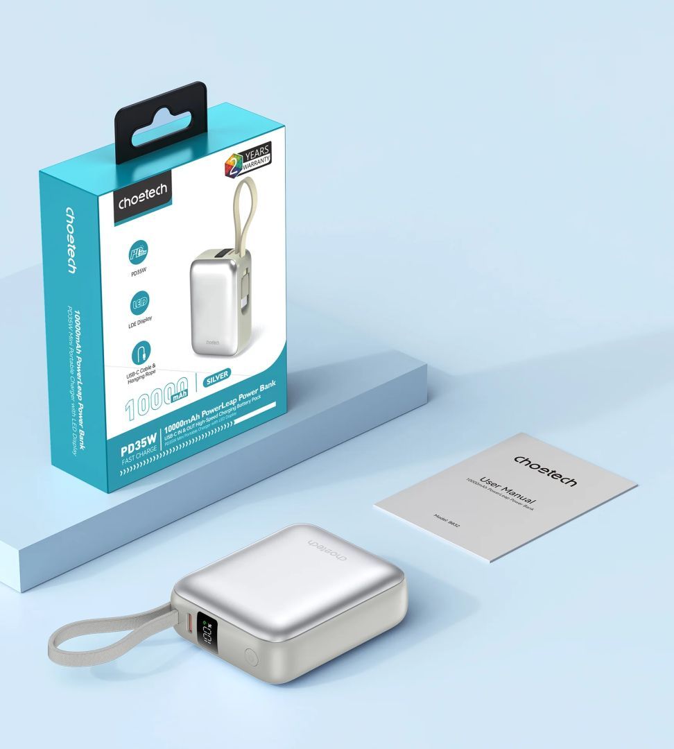 Choetech B832 Mini 35W 10000mAh PowerBank with USB-C Cable Silver Choetech B832 Mini 35W 10000mAh PowerBank with USB-C Cable Silver