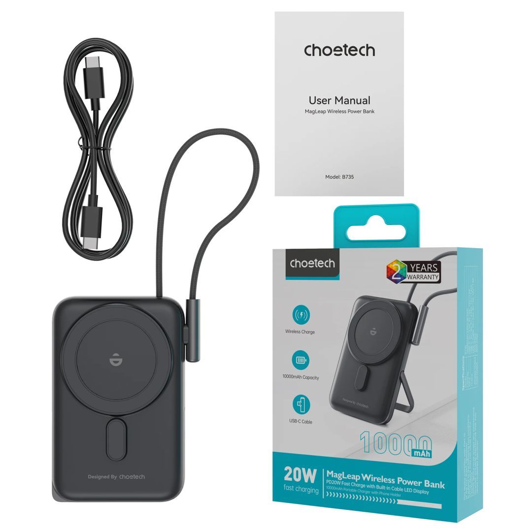 Choetech B735 10000mah 20W Magnetic Powerbank with Bracket & USB-C Cable & Power Display Black Choetech B735 10000mah 20W Magnetic Powerbank with Bracket & USB-C Cable & Power Display Black