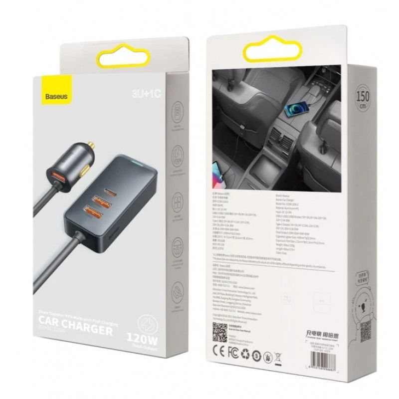Baseus Share Together autós töltő hosszabbítóval 3x USB USB-C 120W Grey Baseus Share Together autós töltő hosszabbítóval 3x USB USB-C 120W Grey