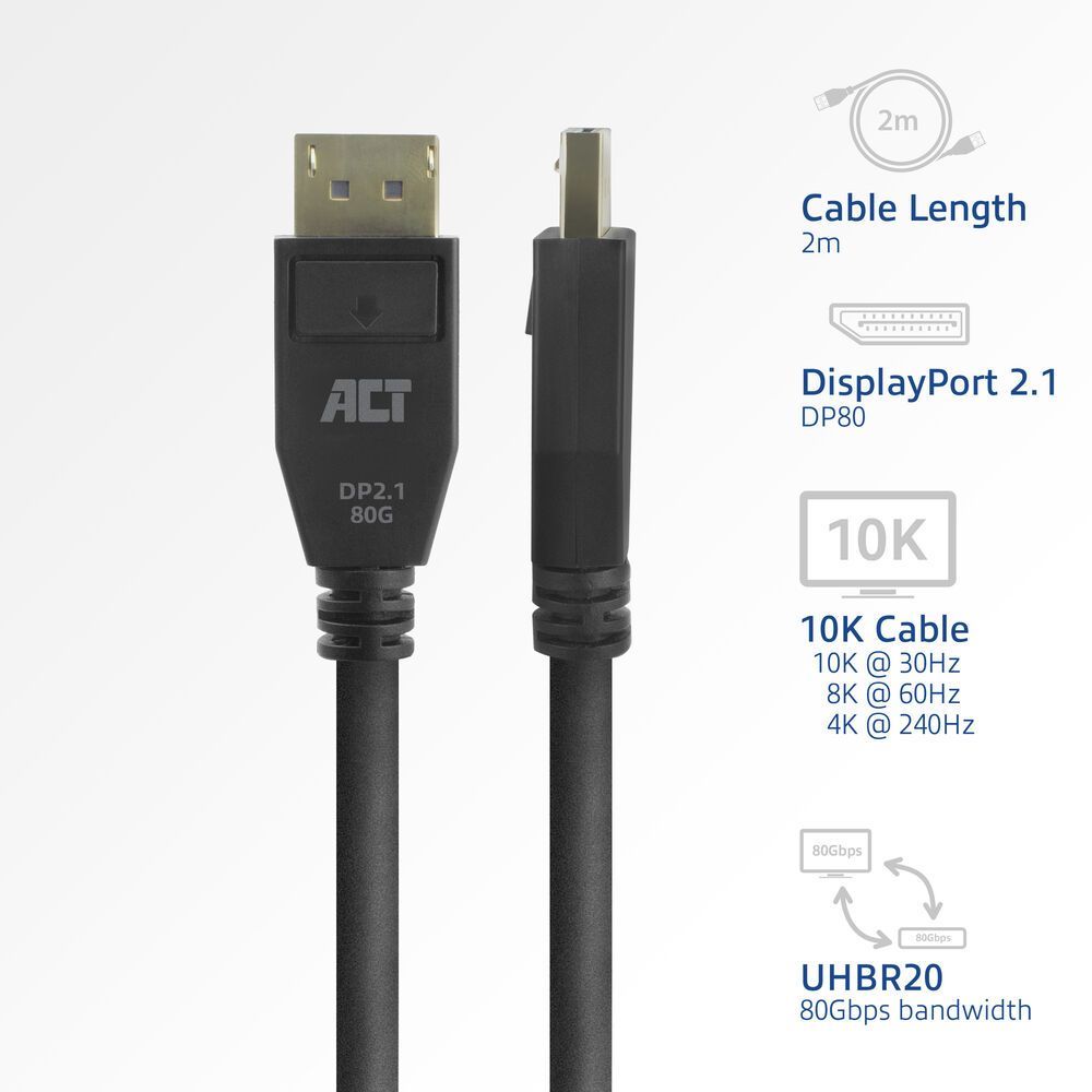 ACT DisplayPort 2.1 cable 8K male to male 2m Black ACT DisplayPort 2.1 cable 8K male to male 2m Black