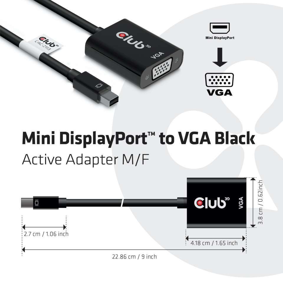 Club3D MiniDisplayPort to VGA Active Adapter M/F Black Club3D MiniDisplayPort to VGA Active Adapter M/F Black
