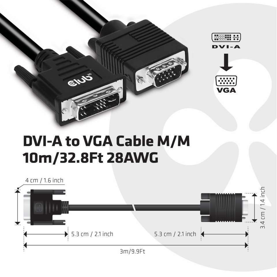 Club3D DVI-A (Analog VGA) to VGA cable 3m Black Club3D DVI-A (Analog VGA) to VGA cable 3m Black