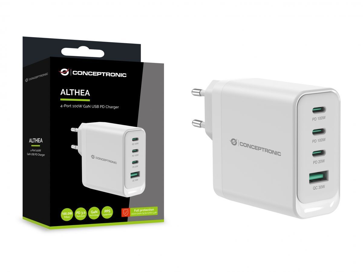 Conceptronic ALTHEA22W100 4-Port 100W GaN USB PD Charger White Conceptronic ALTHEA22W100 4-Port 100W GaN USB PD Charger White