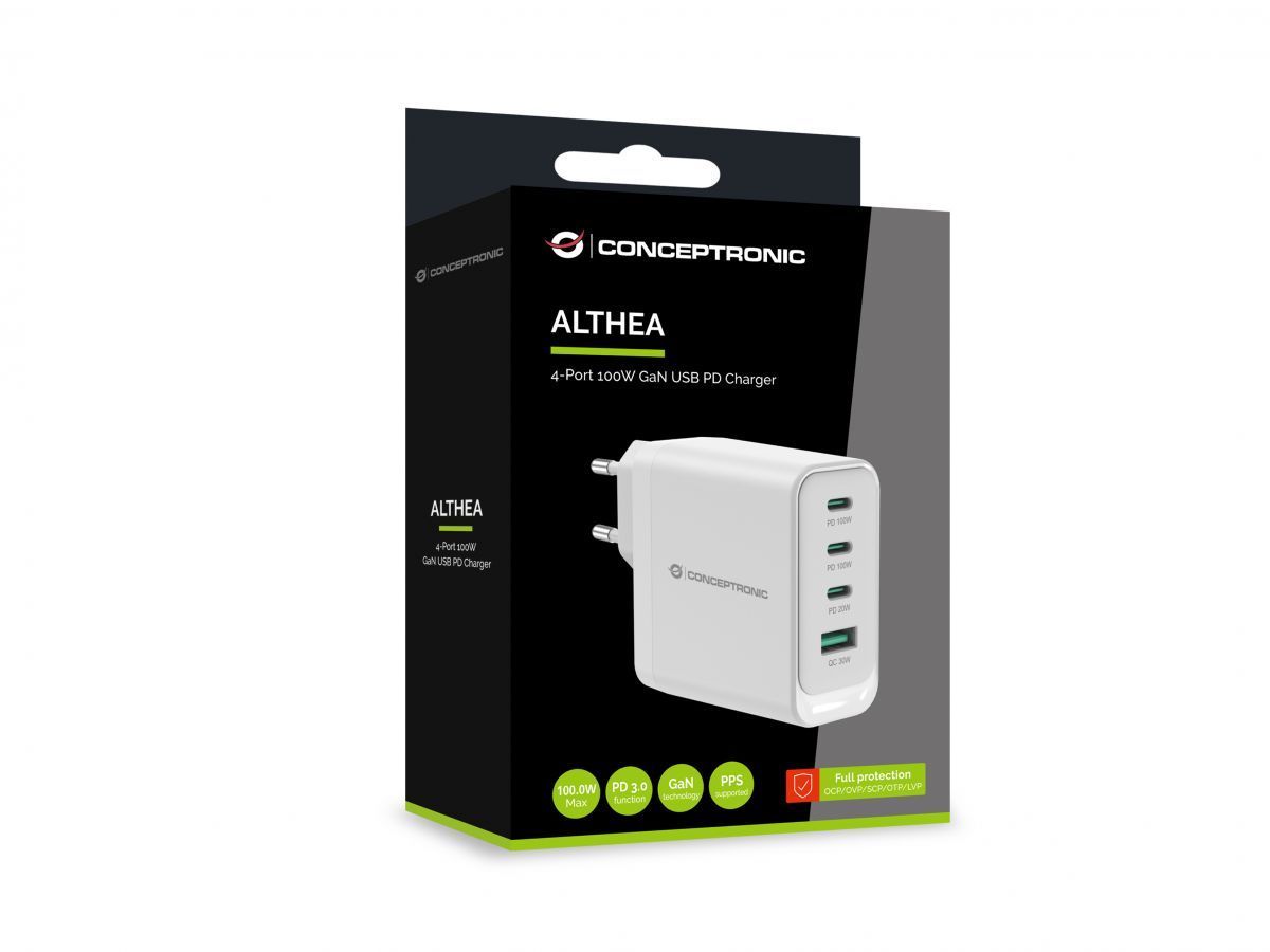 Conceptronic ALTHEA22W100 4-Port 100W GaN USB PD Charger White Conceptronic ALTHEA22W100 4-Port 100W GaN USB PD Charger White