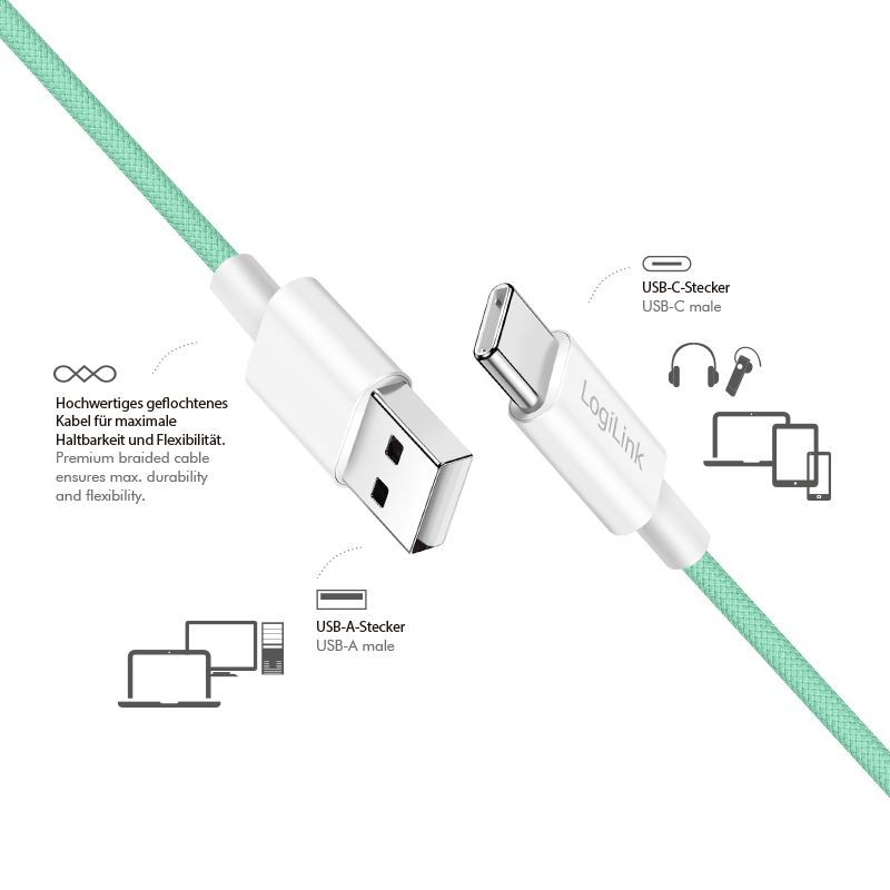 Logilink USB-A to USB-C male/male cable 0,5m Green