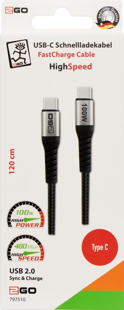 2GO HighSpeed USB-C FastCharge Cable 100W 1,2m Black 2GO HighSpeed USB-C FastCharge Cable 100W 1,2m Black