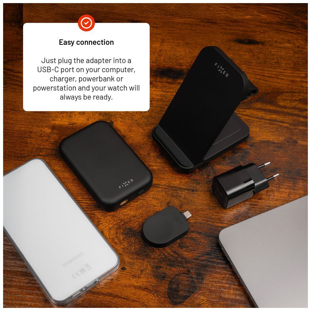 FIXED USB-C töltőadapter Samsung Galaxy Watchhoz, Powerstation Uni készülékkel kompatibilis, fekete
