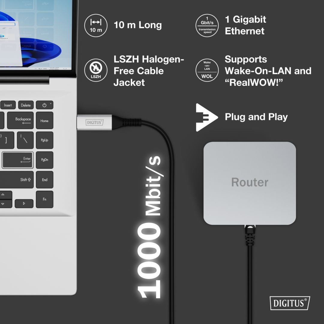 Assmann USB3.2 Gen1 - RJ45 CAT6A S/FTP Ethernet cable 1Gbit/s,10m Black