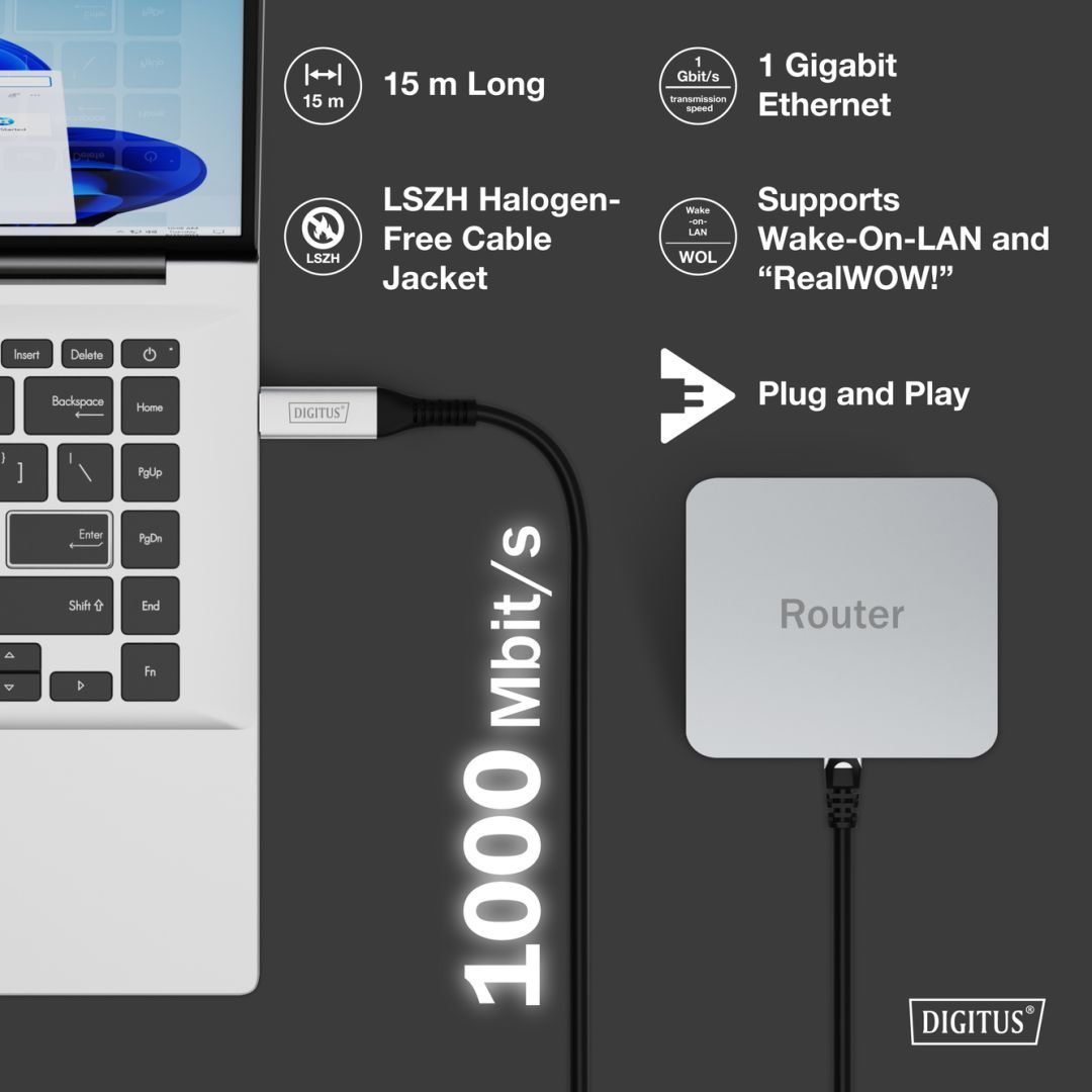 Assmann USB3.2 Gen1 - RJ45 CAT6A S/FTP Ethernet cable 1Gbit/s,15m Black