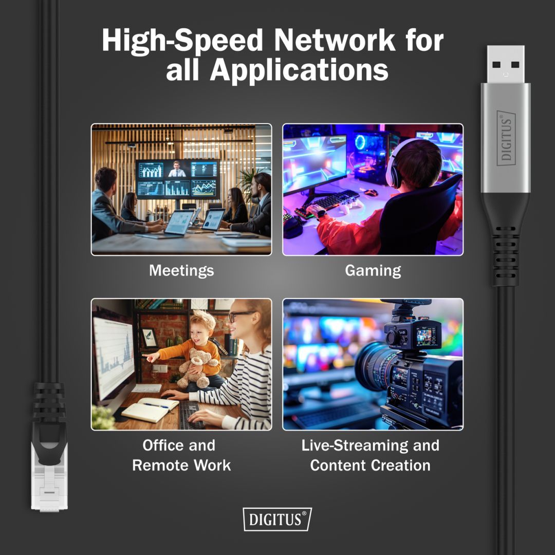 Assmann USB3.2 Gen1 - RJ45 CAT6A S/FTP Ethernet cable 1Gbit/s,15m Black