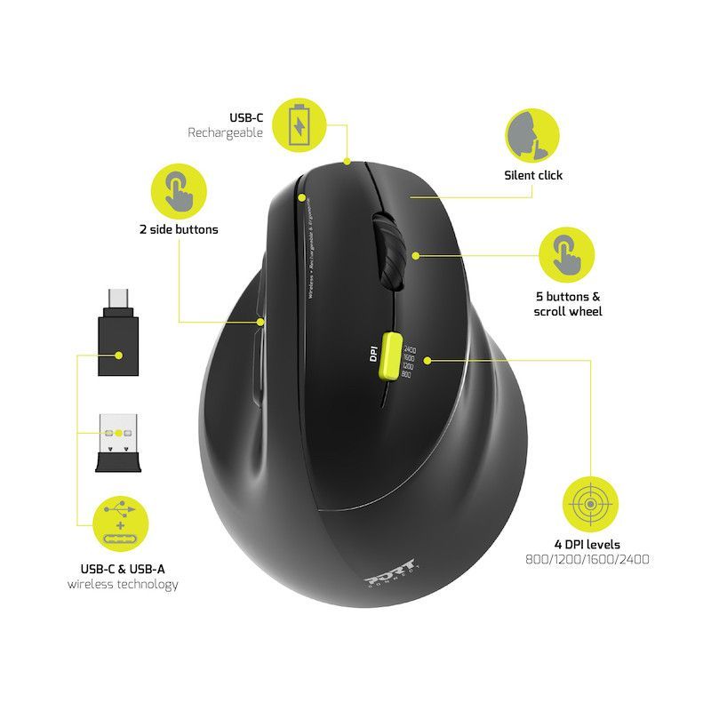 Port Designs Right-hand 2.4 GHz Bluetooth rechargeable Ergo Mouse Black