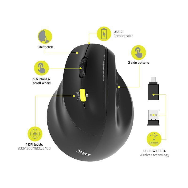 Port Designs Left-hand 2.4 GHz Bluetooth rechargeable Ergo Mouse Black