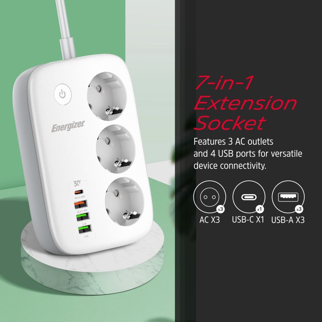 Energizer EPB2500W02EU Hálózati Elosztó Kapcsolóval 3DIN 2m White/Grey