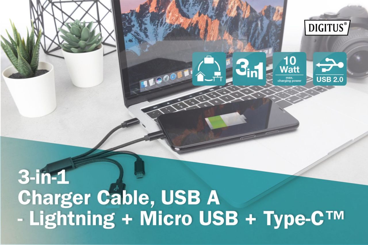 Digitus 3-in1 Charger male/male cable 0,15m Black Digitus 3-in1 Charger male/male cable 0,15m Black