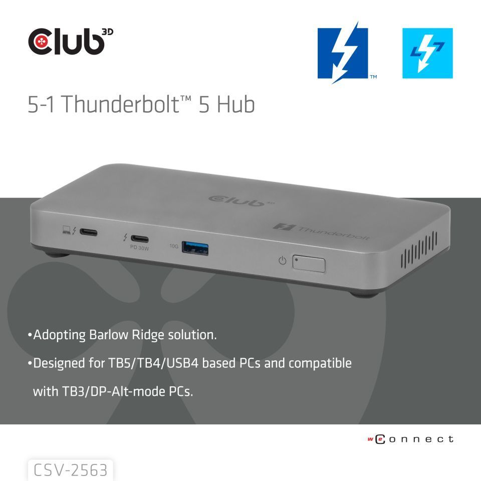 Club3D 5-1 Thunderbolt 5 Hub Triple video 5K60Hz Thunderbolt Share Certified 180W Club3D 5-1 Thunderbolt 5 Hub Triple video 5K60Hz Thunderbolt Share Certified 180W