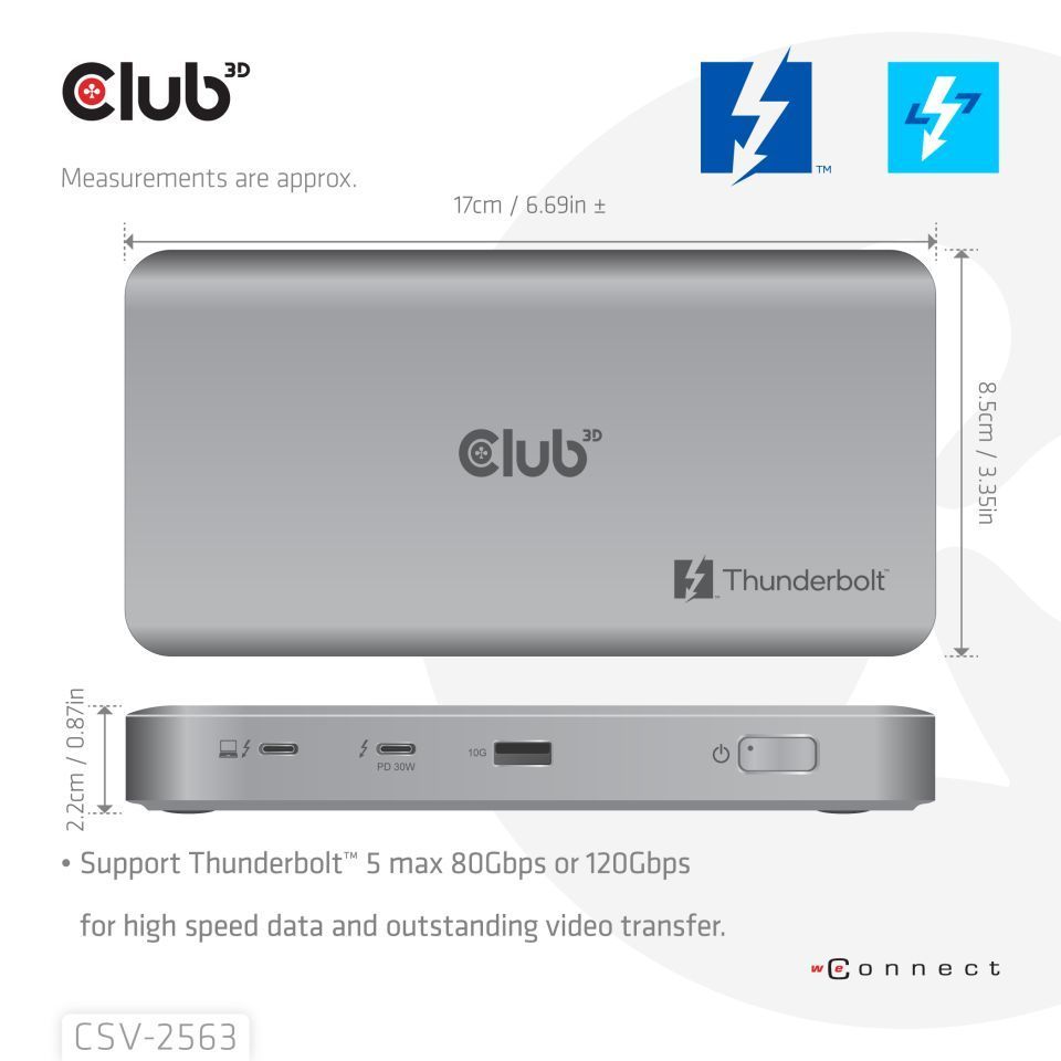 Club3D 5-1 Thunderbolt 5 Hub Triple video 5K60Hz Thunderbolt Share Certified 180W Club3D 5-1 Thunderbolt 5 Hub Triple video 5K60Hz Thunderbolt Share Certified 180W