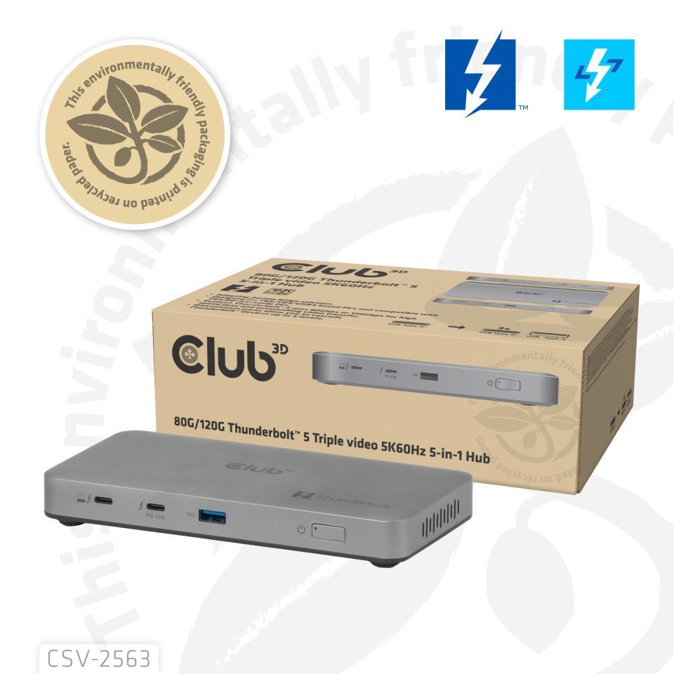 Club3D 5-1 Thunderbolt 5 Hub Triple video 5K60Hz Thunderbolt Share Certified 180W Club3D 5-1 Thunderbolt 5 Hub Triple video 5K60Hz Thunderbolt Share Certified 180W