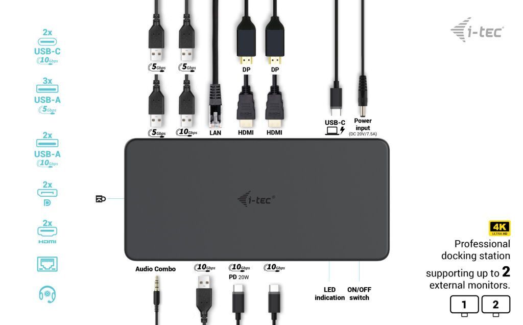 I-TEC USB 3.0/USB-C/Thunderbolt 3 Professional Dual 4K Display Docking Station+Power Delivery 100W Black I-TEC USB 3.0/USB-C/Thunderbolt 3 Professional Dual 4K Display Docking Station+Power Delivery 100W Black