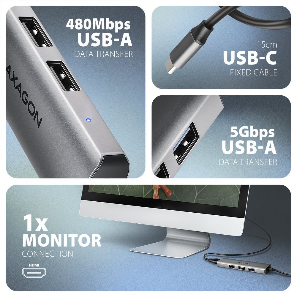 AXAGON HMC-H3A USB-C 5Gbps Starter 4in1 hub Silver AXAGON HMC-H3A USB-C 5Gbps Starter 4in1 hub Silver