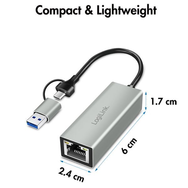 Logilink USB-C to Gigabit Ethernet Adapter with 2-in-1 USB Connection Grey Logilink USB-C to Gigabit Ethernet Adapter with 2-in-1 USB Connection Grey