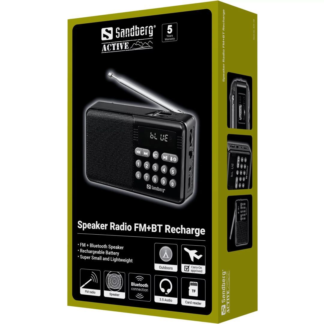 Sandberg Sandberg Speaker Radio FM+BT Recharge, 15 h, 5 W, Black Sandberg Sandberg Speaker Radio FM+BT Recharge, 15 h, 5 W, Black