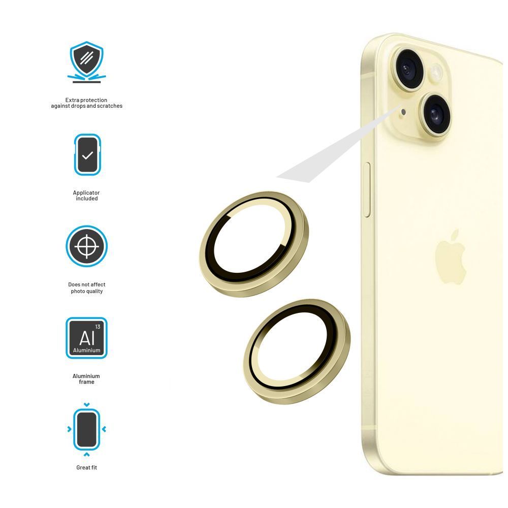 FIXED kameralencse védő biztonsági üveg Apple iPhone 15/15 Plus készülékekhez, sárga kerettel, FIXGC2-1200-YL FIXED kameralencse védő biztonsági üveg Apple iPhone 15/15 Plus készülékekhez, sárga kerettel, FIXGC2-1200-YL