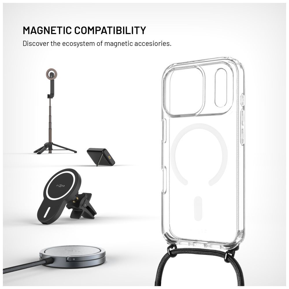 FIXED Nyakbaakasztható MagPure tok Apple iPhone 17 Pro telefonhoz, fekete FIXED Nyakbaakasztható MagPure tok Apple iPhone 17 Pro telefonhoz, fekete